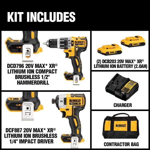 DCK287D2 20-Volt MAX XR Cordless Brushless Hammer Drill/Impact Combo Kit (2-Tool) with (2) 20-Volt 2.0Ah Batteries and Charger - Image 2