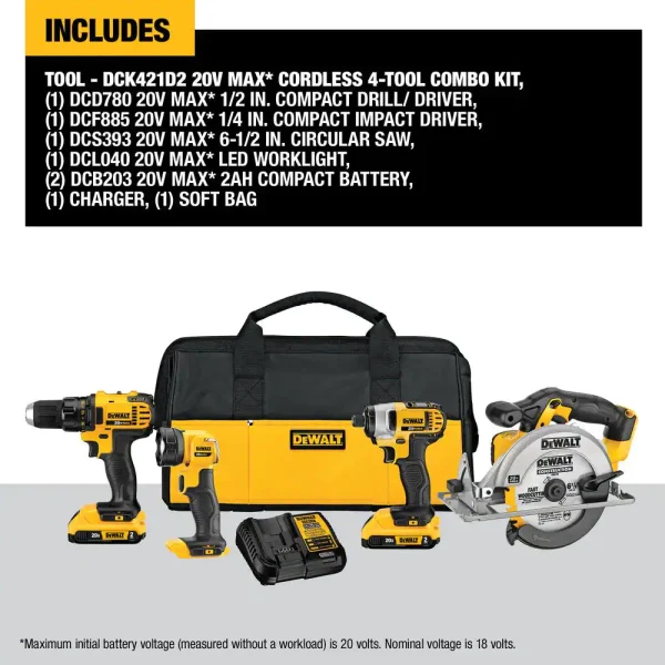 DCK421D2 20-Volt MAX Cordless Combo Kit (4-Tool) with (2) 20-Volt 2.0Ah Batteries   Charger - Image 2