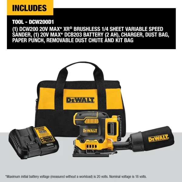 DCW200D1 20-Volt MAX XR Cordless Brushless 1/4 Sheet Variable Speed Sander with (1) 20-Volt Battery 2.0Ah   Charger - Image 2