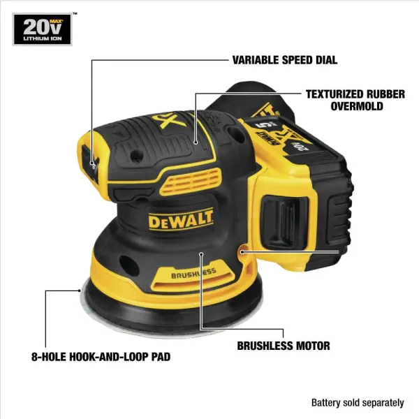 DCW210D1 20-Volt MAX XR Cordless Brushless 5 in. Random Orbital Sander with (1) 20-Volt Battery 2.0Ah   Charger - Image 4