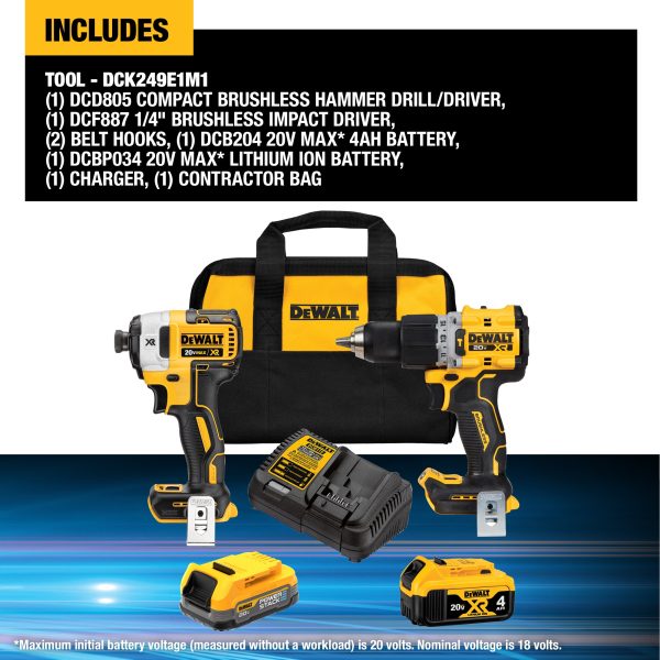 DeWalt DCK249E1M1 20V MAX XR Compact Hammer Drill/Driver 2-Tool Combo Kit w/ (1)2 Ah and (1)4 Ah Battery - Image 2