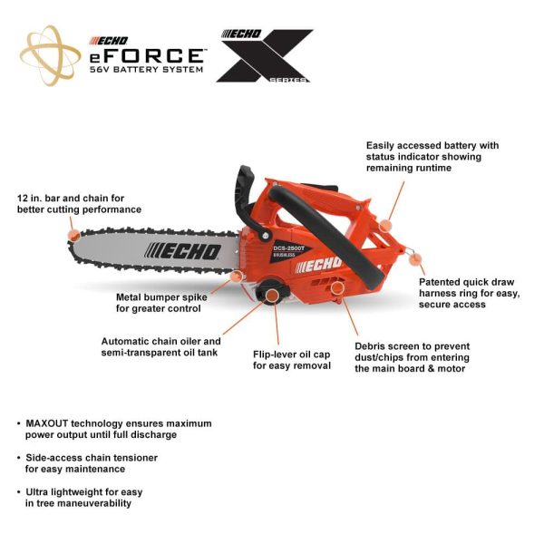 DCS-2500T-12C1 eFORCE 12 in. 56V Cordless Battery Chainsaw with 2.5Ah Battery and Charger - Image 2