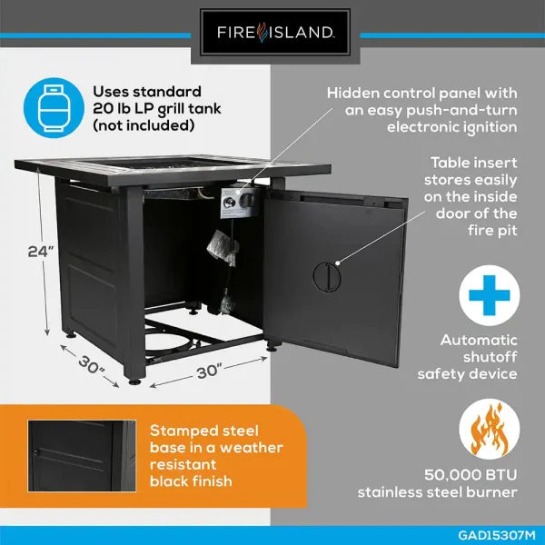 FIRE ISLAND GAD15307M 30 in. W x 24.6 in. H Square Steel Propane Black Slate Fire Pit with Stamped Steel Black Base and 50000 BTU Burner - Image 3