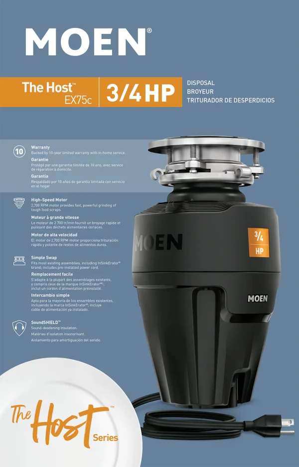 Moen EX75C Host Corded 3/4-HP Continuous Feed Noise Insulation Garbage Disposal - Image 15