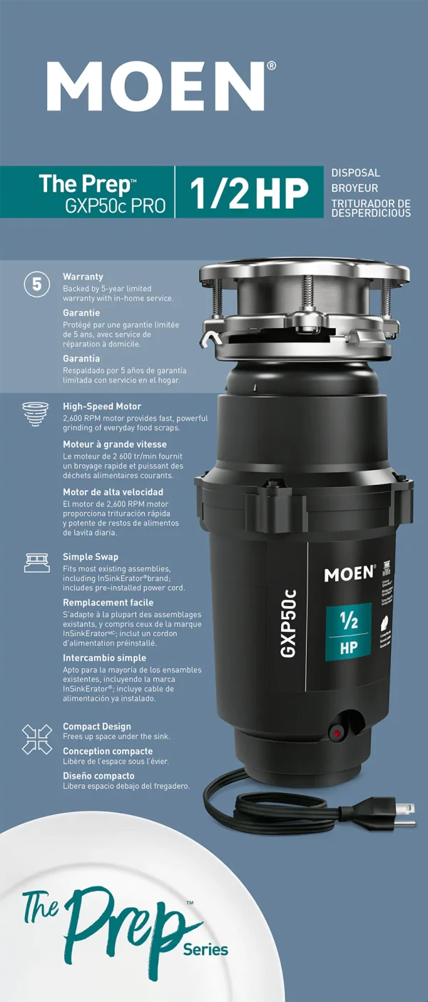 Moen GXP50C Prep Corded 1/2-HP Continuous Feed Noise Insulation Garbage Disposal - Image 10