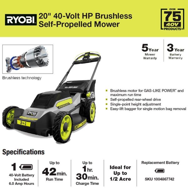RY401180VNM 40V HP Brushless 20 in. Cordless Electric Battery Walk Behind Self-Propelled Mower with 6.0 Ah Battery and Charger - Image 14