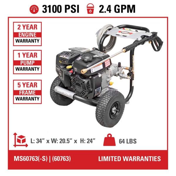SIMPSON MS60763-S MegaShot 3100 PSI 2.4 GPM Gas Cold Water Pressure Washer with KOHLER RH265 Engine - Image 6