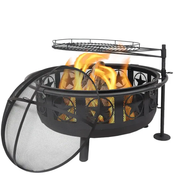 Decor KF-ASFP-BLK 36 in. W x 22.5 in. H Round Steel Wood Burning Fire Pit with Cooking Grate and Spark Screen
