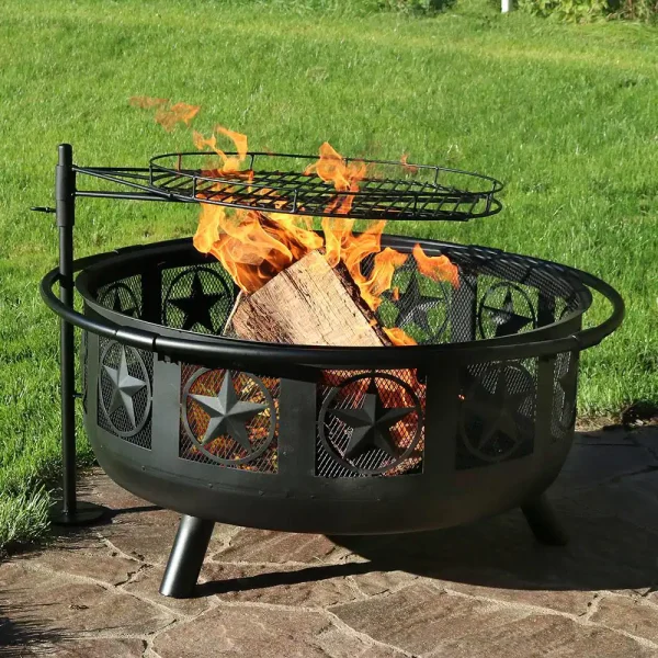Decor KF-ASFP-BLK 36 in. W x 22.5 in. H Round Steel Wood Burning Fire Pit with Cooking Grate and Spark Screen - Image 2
