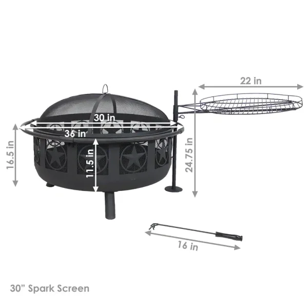Decor KF-ASFP-BLK 36 in. W x 22.5 in. H Round Steel Wood Burning Fire Pit with Cooking Grate and Spark Screen - Image 3
