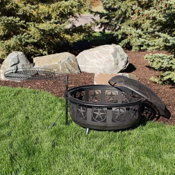 Decor KF-ASFP-BLK 36 in. W x 22.5 in. H Round Steel Wood Burning Fire Pit with Cooking Grate and Spark Screen - Image 5