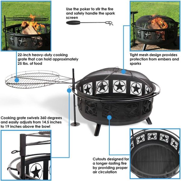Decor KF-ASFP-BLK 36 in. W x 22.5 in. H Round Steel Wood Burning Fire Pit with Cooking Grate and Spark Screen - Image 9
