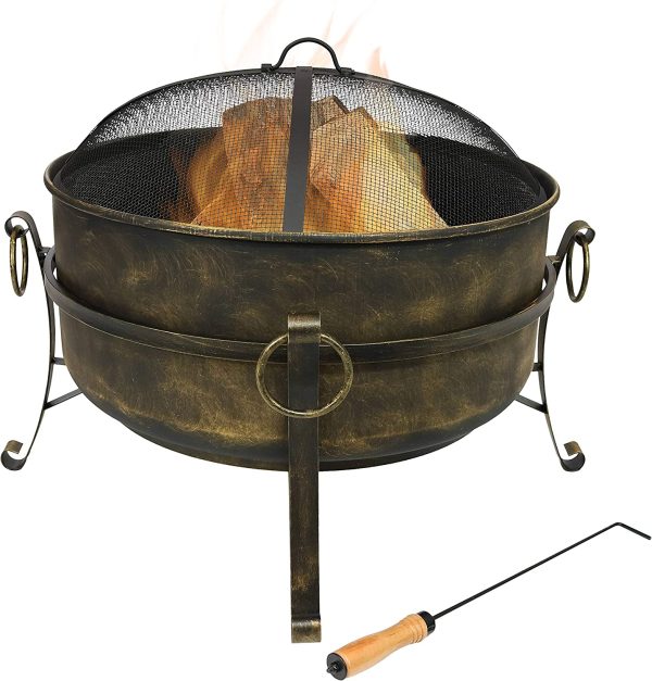 Outdoor Cauldron Fire Pit   24-Inch Backyard   Patio Wood-Burning Fire Pit for Outside with Round Spark Screen, Fireplace Poker, and Metal Grate