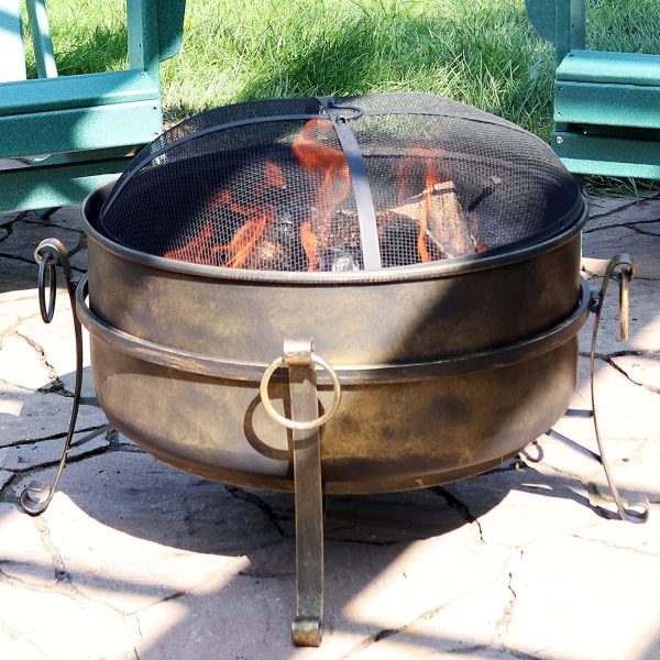 Outdoor Cauldron Fire Pit   24-Inch Backyard   Patio Wood-Burning Fire Pit for Outside with Round Spark Screen, Fireplace Poker, and Metal Grate - Image 2