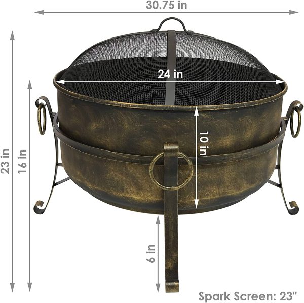 Outdoor Cauldron Fire Pit   24-Inch Backyard   Patio Wood-Burning Fire Pit for Outside with Round Spark Screen, Fireplace Poker, and Metal Grate - Image 3