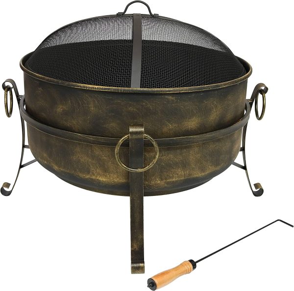Outdoor Cauldron Fire Pit   24-Inch Backyard   Patio Wood-Burning Fire Pit for Outside with Round Spark Screen, Fireplace Poker, and Metal Grate - Image 6