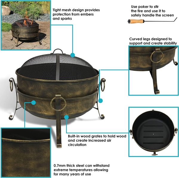 Outdoor Cauldron Fire Pit   24-Inch Backyard   Patio Wood-Burning Fire Pit for Outside with Round Spark Screen, Fireplace Poker, and Metal Grate - Image 4