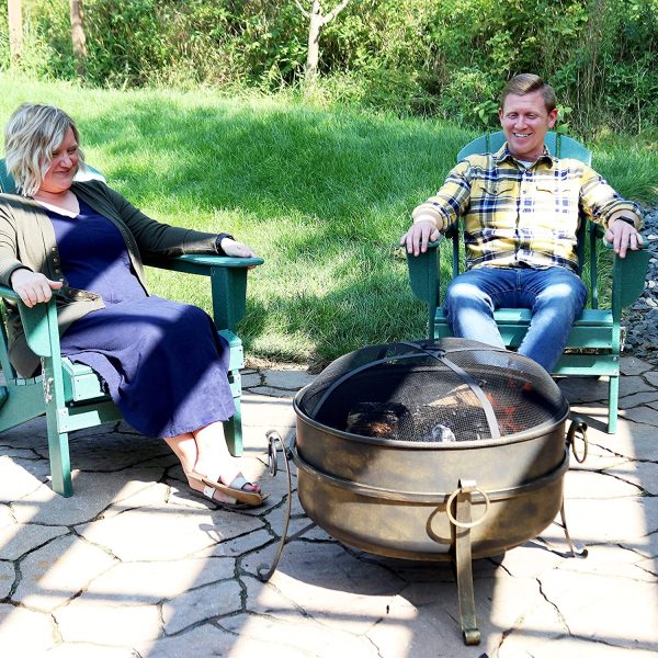 Outdoor Cauldron Fire Pit   24-Inch Backyard   Patio Wood-Burning Fire Pit for Outside with Round Spark Screen, Fireplace Poker, and Metal Grate - Image 7