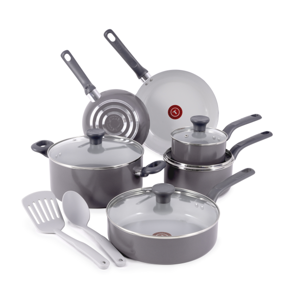Easy Care Ceramic Non-Stick, 12 Piece Pots and Pans Cookware Set, Grey