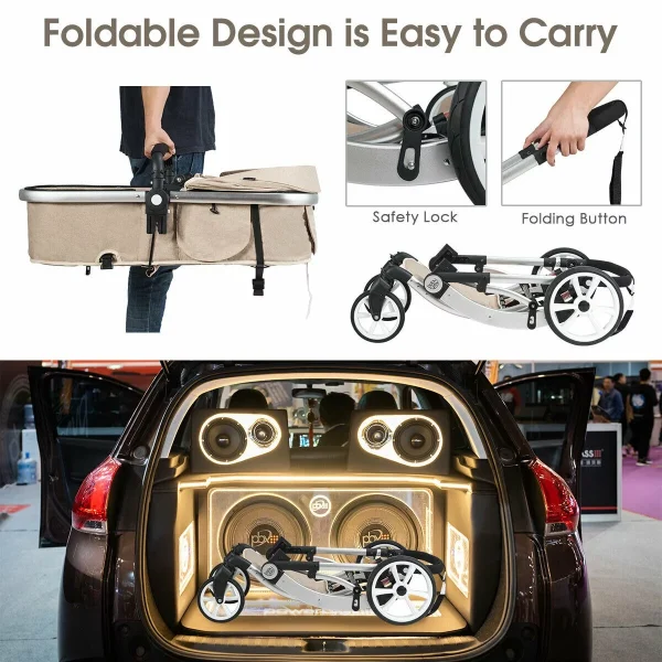 Costway Folding Aluminum Infant Bassinet Reversible Baby Stroller W/ Diaper Bag Beige - Image 6