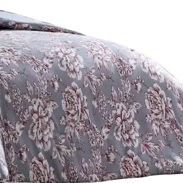 Benjara  Tyler 8- Piece Gray Floral Print Microfiber Queen Bed Comforter Set - Image 4