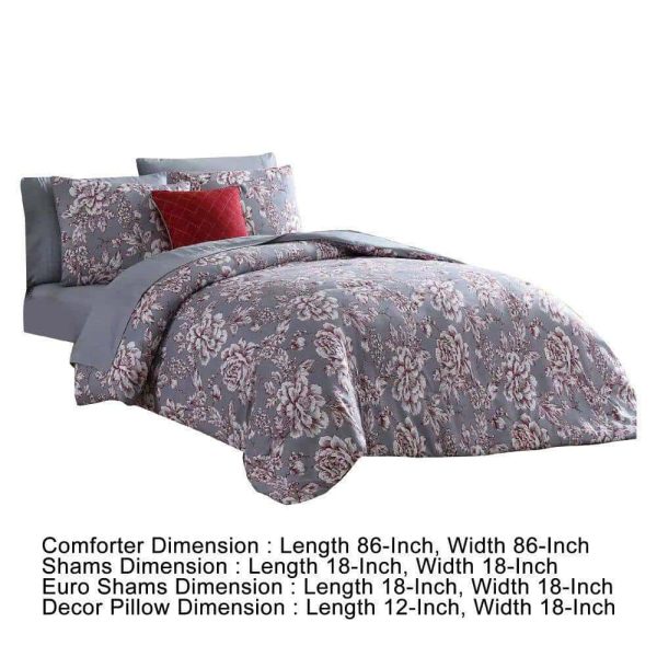Benjara  Tyler 8- Piece Gray Floral Print Microfiber Queen Bed Comforter Set - Image 5