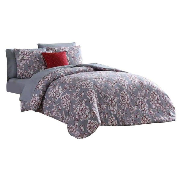Benjara  Tyler 8- Piece Gray Floral Print Microfiber Queen Bed Comforter Set