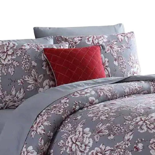 Benjara  Tyler 8- Piece Gray Floral Print Microfiber Queen Bed Comforter Set - Image 2