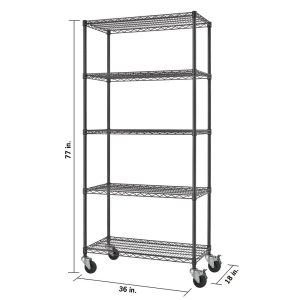 PRO Black 5-Tier Rolling Steel Wire Garage Storage Shelving Unit (36 in. W x 77 in. H x 18 in. D) - Image 3
