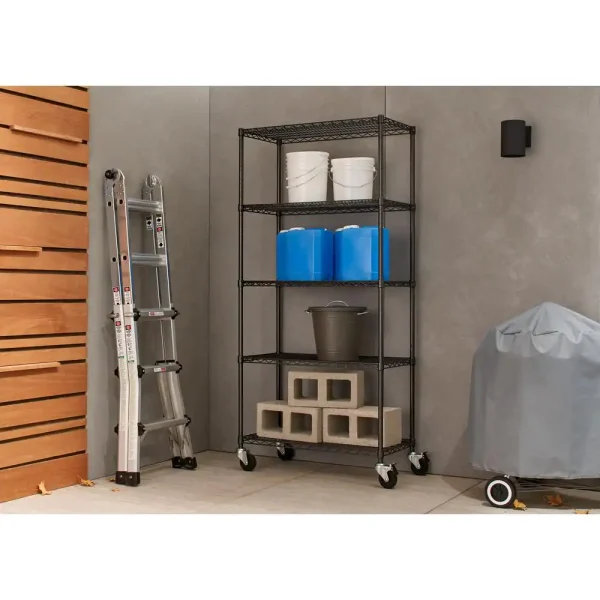 PRO Black 5-Tier Rolling Steel Wire Garage Storage Shelving Unit (36 in. W x 77 in. H x 18 in. D)