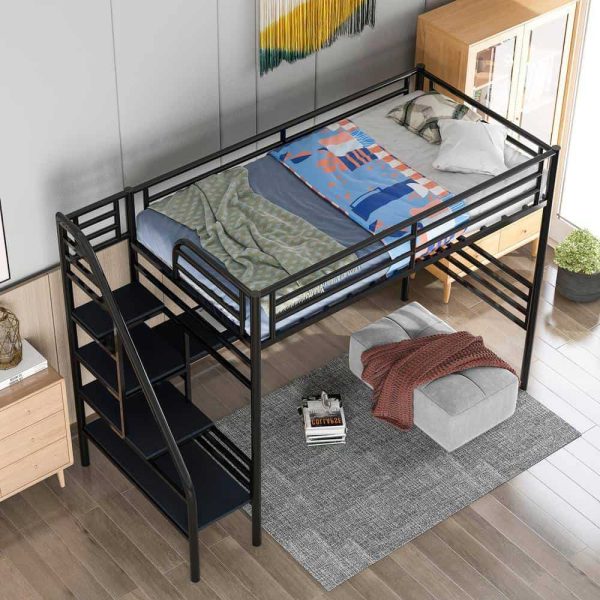 Bright Designs  Black Twin Size Metal Loft Bed with Desk and Stairs - Image 11
