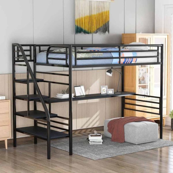 Bright Designs  Black Twin Size Metal Loft Bed with Desk and Stairs