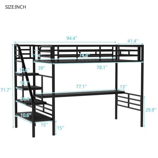 Bright Designs  Black Twin Size Metal Loft Bed with Desk and Stairs - Image 2