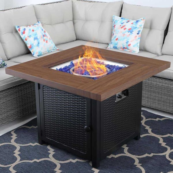 PHI VILLA THD-E02GS002 33.9 in. W x 25.2 in. H Square Wood-like Metal Steel Gas Fire Pit Table with Cover and 50000 BTU Burner