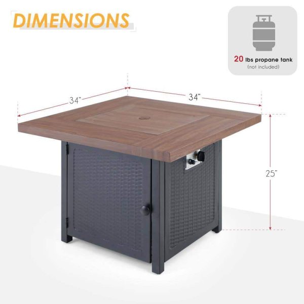 PHI VILLA THD-E02GS002 33.9 in. W x 25.2 in. H Square Wood-like Metal Steel Gas Fire Pit Table with Cover and 50000 BTU Burner - Image 6