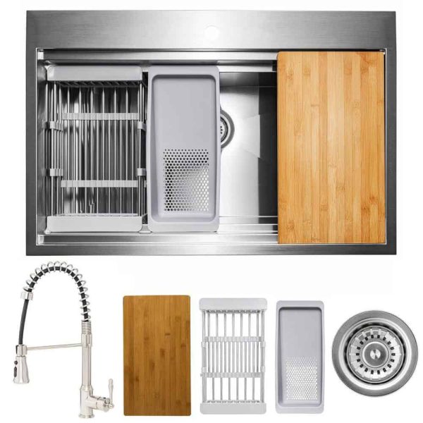 AKDY Handmade All-in-One Topmount Stainless Steel 33 in. x 22 in. Single Bowl Kitchen Sink w/ Spring Neck Faucet, Accessory - Image 4