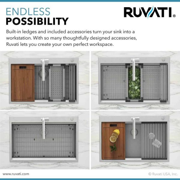 Ruvati RVH8003 Drop-In Stainless Steel 33 in. Workstation Ledge Topmount Kitchen Sink 16-Gauge Single Bowl - Image 9