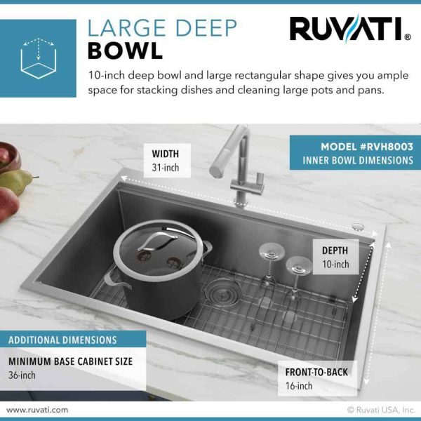 Ruvati RVH8003 Drop-In Stainless Steel 33 in. Workstation Ledge Topmount Kitchen Sink 16-Gauge Single Bowl - Image 11