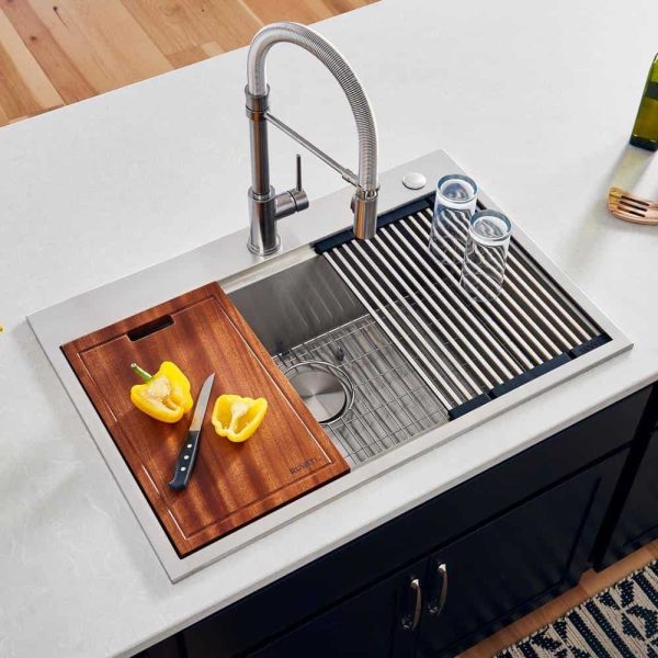 Ruvati RVH8003 Drop-In Stainless Steel 33 in. Workstation Ledge Topmount Kitchen Sink 16-Gauge Single Bowl - Image 6