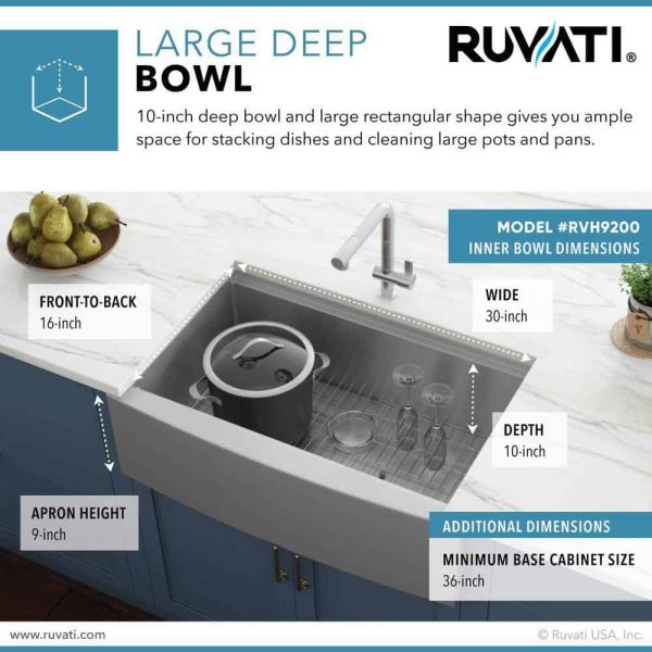 Ruvati RVH9200 16-Gauge Stainless Steel 33 in. Single Bowl Farmhouse Apron Workstation Kitchen Sink - Image 8