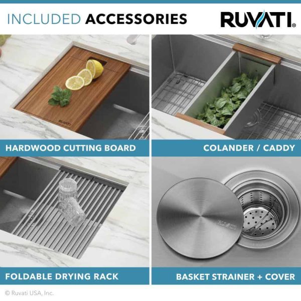 Ruvati Roma Pro 16 Stainless Steel Gauge 30 in Single Bowl Undermount Workstation Rounded Corners Ledge Kitchen Sink - Image 2
