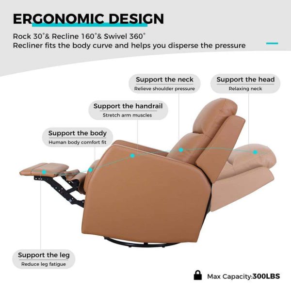 JAYDEN CREATION  Coral Classic Camel Upholstered Rocker Wingback Swivel Recliner with Metal Base - Image 6