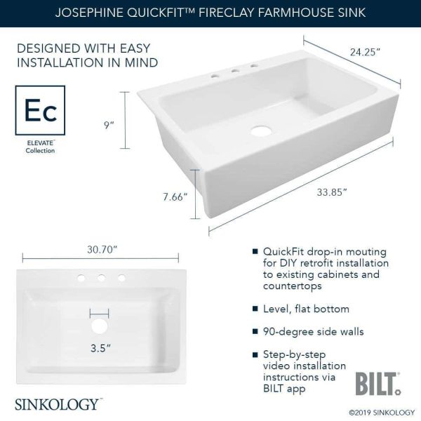 SINKOLOGY Josephine 34 in. 1-Hole Quick-Fit Farmhouse Apron Front Drop-in Single Bowl Crisp White Fireclay Kitchen Sink - Image 3