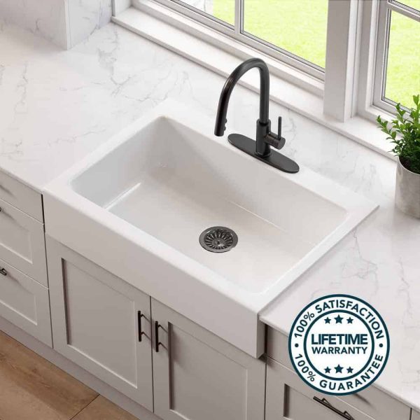 SINKOLOGY Josephine 34 in. 3-Hole Quick-Fit Farmhouse Apron Front Drop-in Single Bowl Crisp White Fireclay Kitchen Sink - Image 3