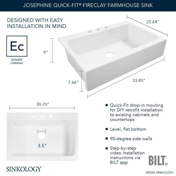 SINKOLOGY Josephine 34 in. 3-Hole Quick-Fit Farmhouse Apron Front Drop-in Single Bowl Crisp White Fireclay Kitchen Sink - Image 2