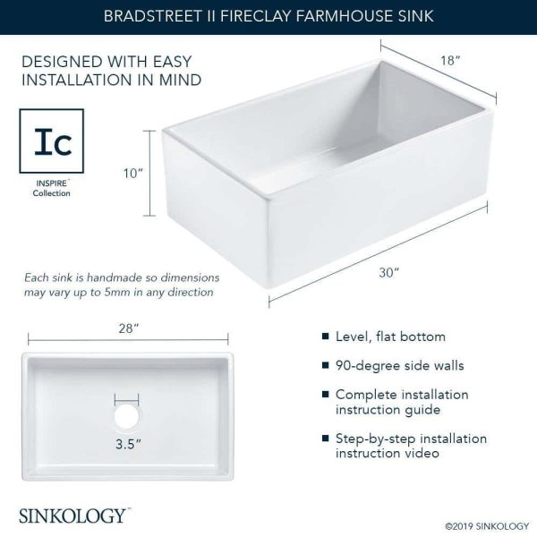 SINKOLOGY SK499-30FC Bradstreet II 30 in. Farmhouse Apron Front Undermount Single Bowl Crisp White Fireclay Kitchen Sink - Image 3