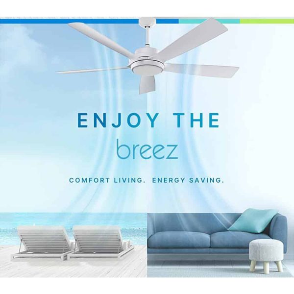 Breez Pleasanton 60 in. Dimmable LED Indoor/Outdoor Matte White Ceiling Fan with Remote, 6 Speeds, 5 Blades, Reversible Motor - Image 5