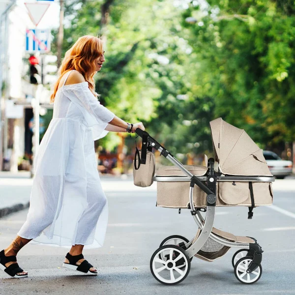 Costway Folding Aluminum Infant Bassinet Reversible Baby Stroller W/ Diaper Bag Beige - Image 10