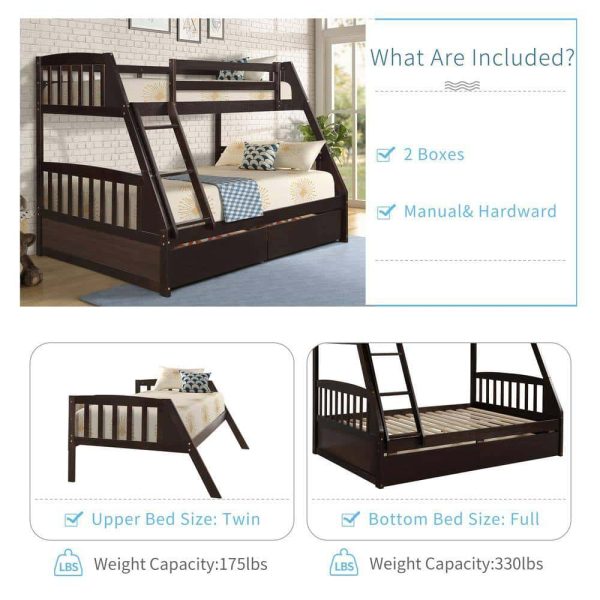 Bright Designs  Espresso Solid Wood Twin Over Full Bunk Bed with 2-Storage Drawers - Image 3
