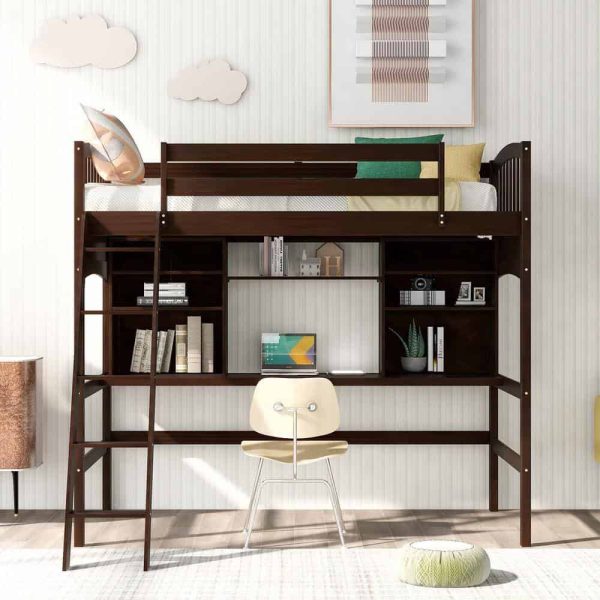 Bright Designs  Espresso Wood Twin Size Loft Bed with Storage Shelves and Desk - Image 7
